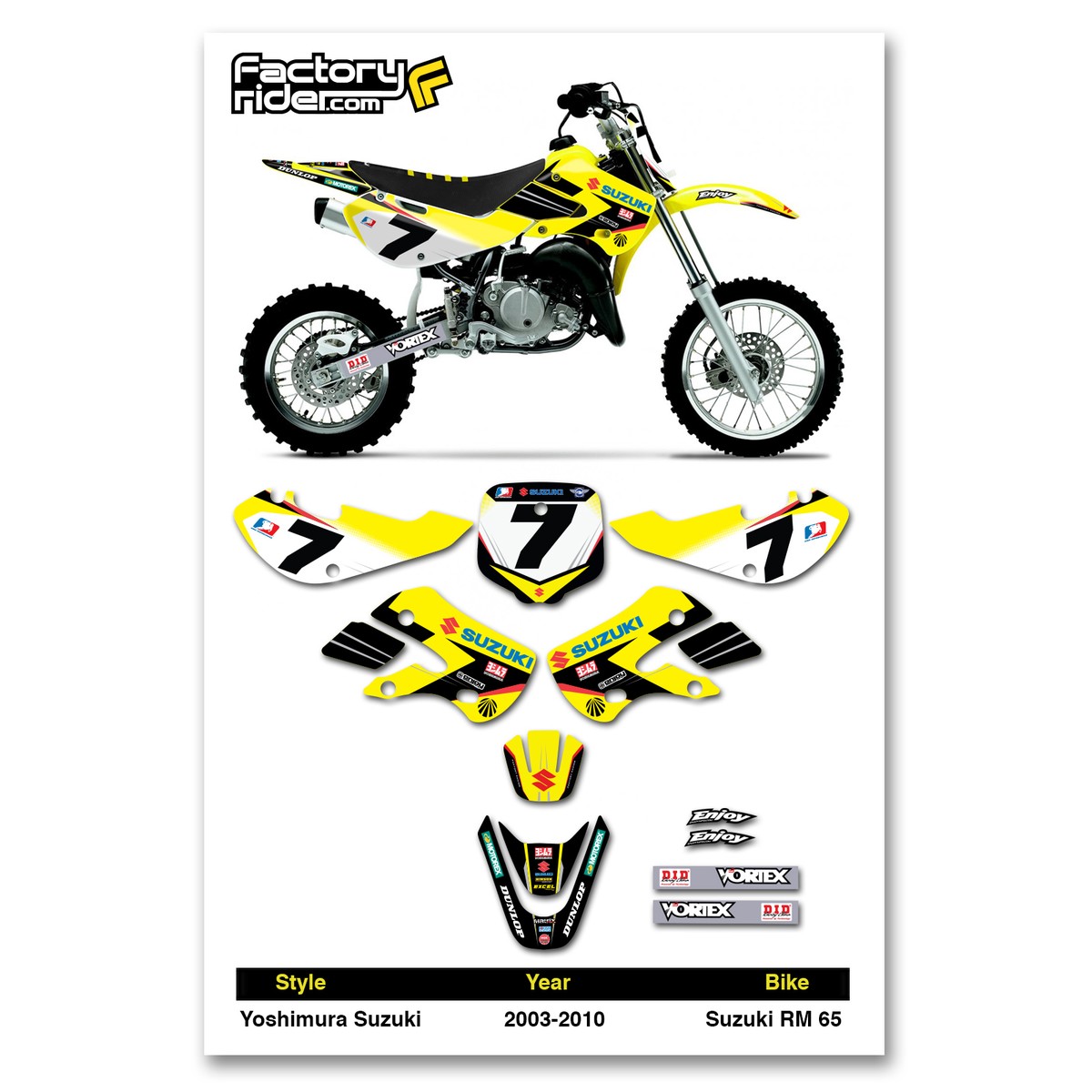 2003-2010 SUZUKI Rm 65 Graphics Kit James Stewart Dirt Bike