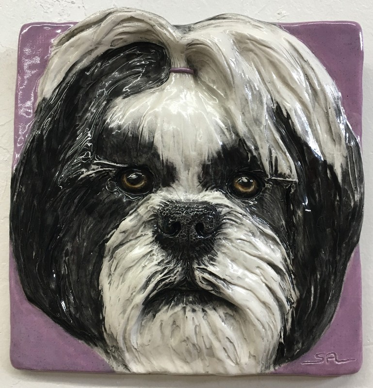 Shih Tzu Ceramic dog tile wall hang handmade sculpture by Sondra Alexander Art