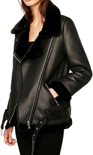 Women's Black RAF B3 Bomber Flying Aviator Jacket Real Sheepskin Leather Jacket
