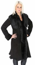 Womens Luxury Toscana Long Coat Real Sheepskin Black Shearling Suede Jacket New