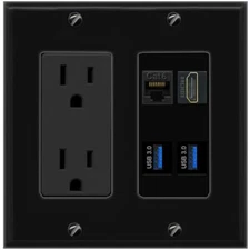 CAT6 HD 2 USB-3 Port Wall Plate Black w Power Outlet