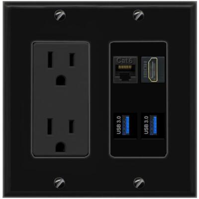 CAT6 HD 2 USB-3 Port Wall Plate Black w Power Outlet