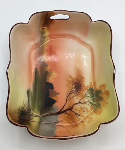 Plato Noritake M pintado a mano Sm festoneado borde dorado puesta de sol casa árbol lago Japón - Imagen 5 de 14