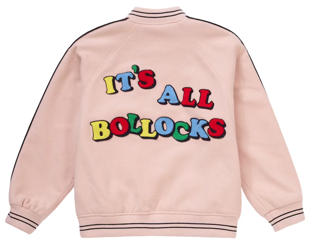 SS21 SUPREME IT'S ITS ALL BOLLOCKS VARSITY JACKET DUSTY PINK SS21 SUPREME IT'S ITS ALL BOLLOCKS VARSITY JACKET DUSTY PINK