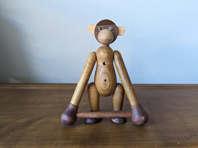 Vintage Jointed Wooden Monkey with Bar Toy Mid Century Zoo Line