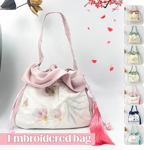 Chinese Hanfu Embroidery Crossbody Shoulder Drawstring Bucket Bag Coin Handbags - Picture 2 of 37