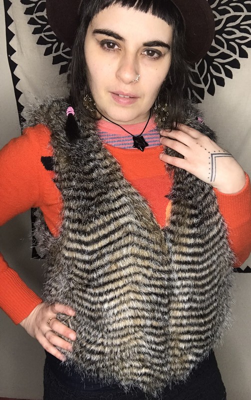 Cecico L Faux Fur Festival Black Tan Owl Tribal Burning Striped Boho Hippie Vest
