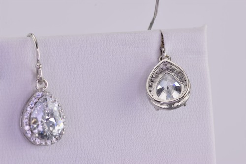 Sterling Silver 12mm x 9mm Cubic Zirconia Halo Teardrop Hook 925 Earrings - Picture 4 of 5