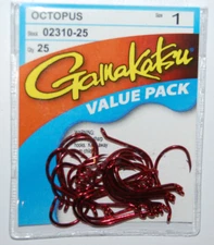 gamakatsu octopus hook size 1 red 25 per value pack 02310-25 versatile hooks