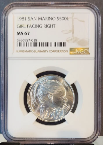 1981 SAN MARINO SILVER 500 LIRE GIRL FACING RIGHT NGC MS 67 BLAZING GEM BU