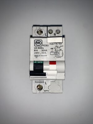 MK LN 6340s 6 AMP 6A B6 RCBO RCD MCB 2 MODULE 2MOD 30MA B TYP SENTRY MWST INCL