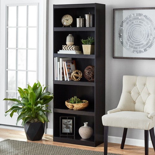 Bookcase 5 Tier Tall Open Shelf Storage Rack Display Offices Wooden Living Room - Picture 2 of 8