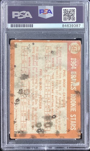 Phil Niekro Signed 1964 Topps #541 Rookie Card + Phil Roof Auto Stained PSA/DNA - Picture 2 of 2