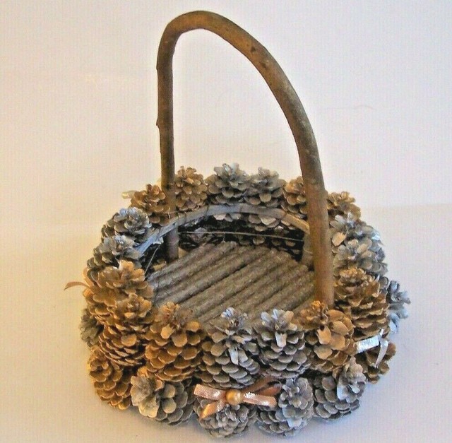 Vintage Handmade Pine Cone & Twig Basket With Handle Silver & Gold eBay