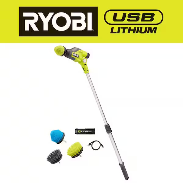 RYOBI USB Lithium Telescoping Power Scrubber Kit – 2Ah Battery, Charger & Hex