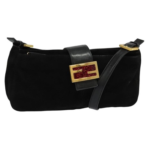 Fendi Mamma Baguette Schultertasche Wildleder schwarz gold Auth 133991