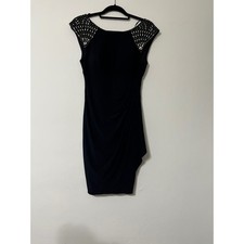 Dark Navy Blue Embellished Shoulder Cocktail Dress Sleeveless Draped sz S