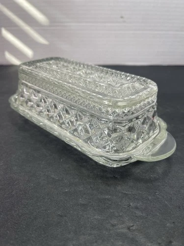 Vintage Wexford Anchor Hocking Glass Covered Butter Dish Diamond Point Pattern