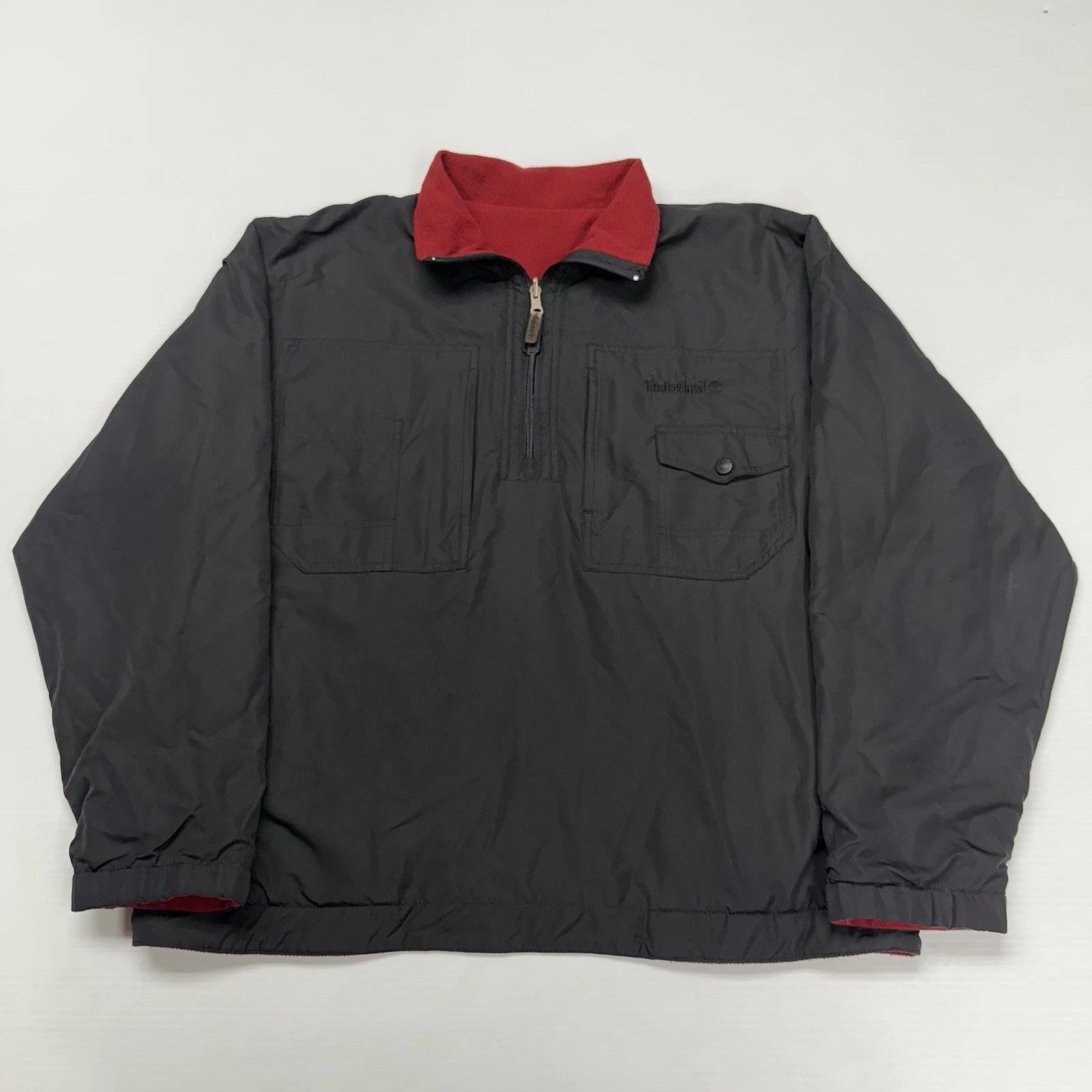 Vtg Timberland Fleece Lined 1/4 Zip Mens Reversible Pullover M Black Red Sports