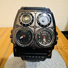 Oulm Men's Square Compass Multi-Dial Analog Quartz Watch Black Leather Strap
