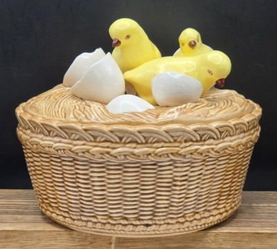 Vintage Ceramic Hand Painted Chicks Hatching on Basket Covered Dish