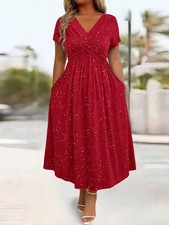 Ladies Plus Size Shiny V Neck Twist Knot Midi Dress with Pockets UK