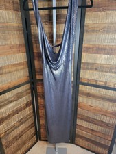Silver Satin Metallic Sleeveless Cowl Neck Slip Dress XS Strappy Long