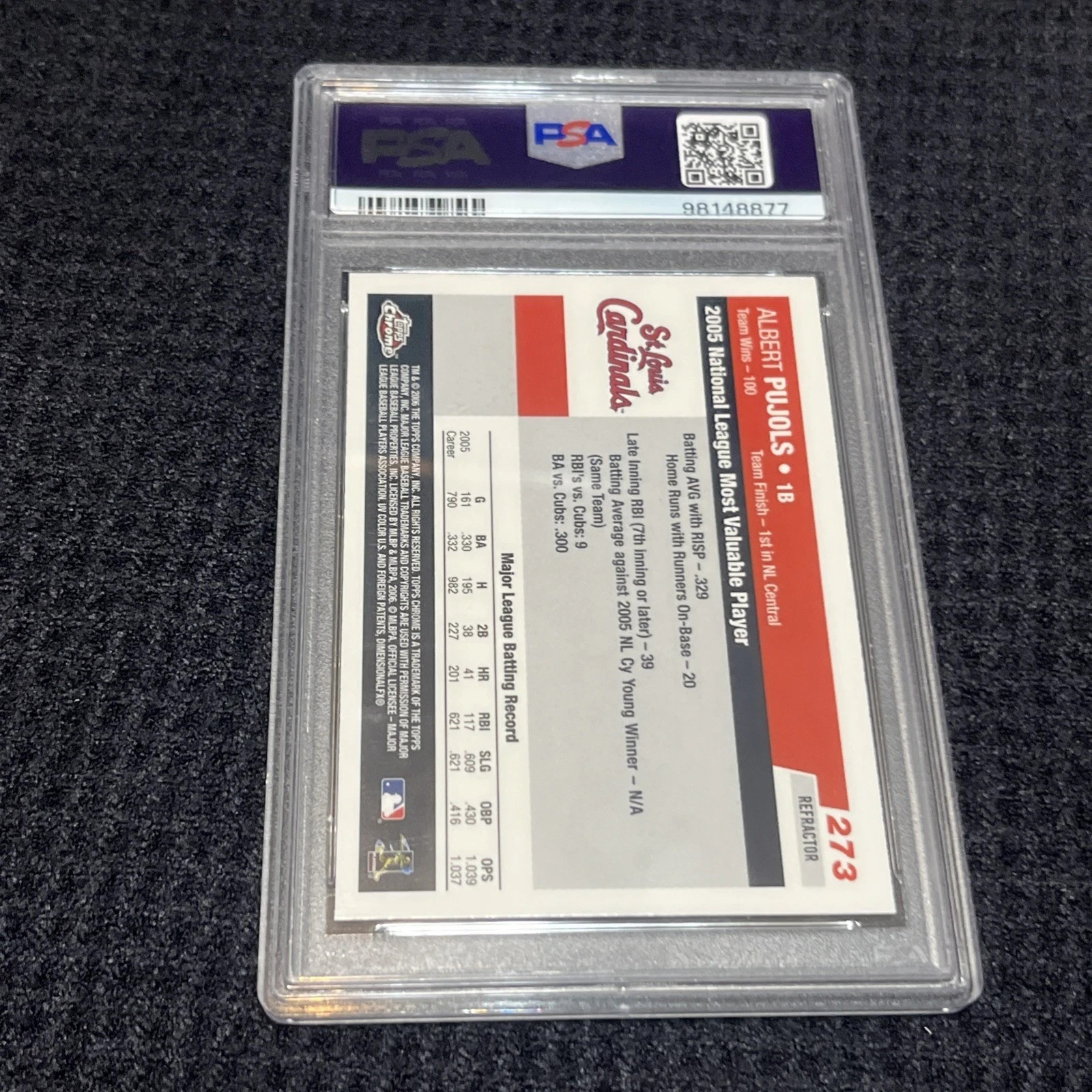 2006 Topps Chrome Albert Pujols #273 Refractor PSA 10 St. Louis Cardinals view 2