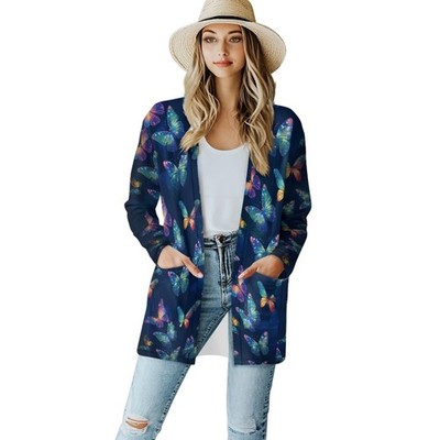 Jndtueit Women's Blue Bling Butterfly Open Front Cardigans Shirt V Neck Jackets