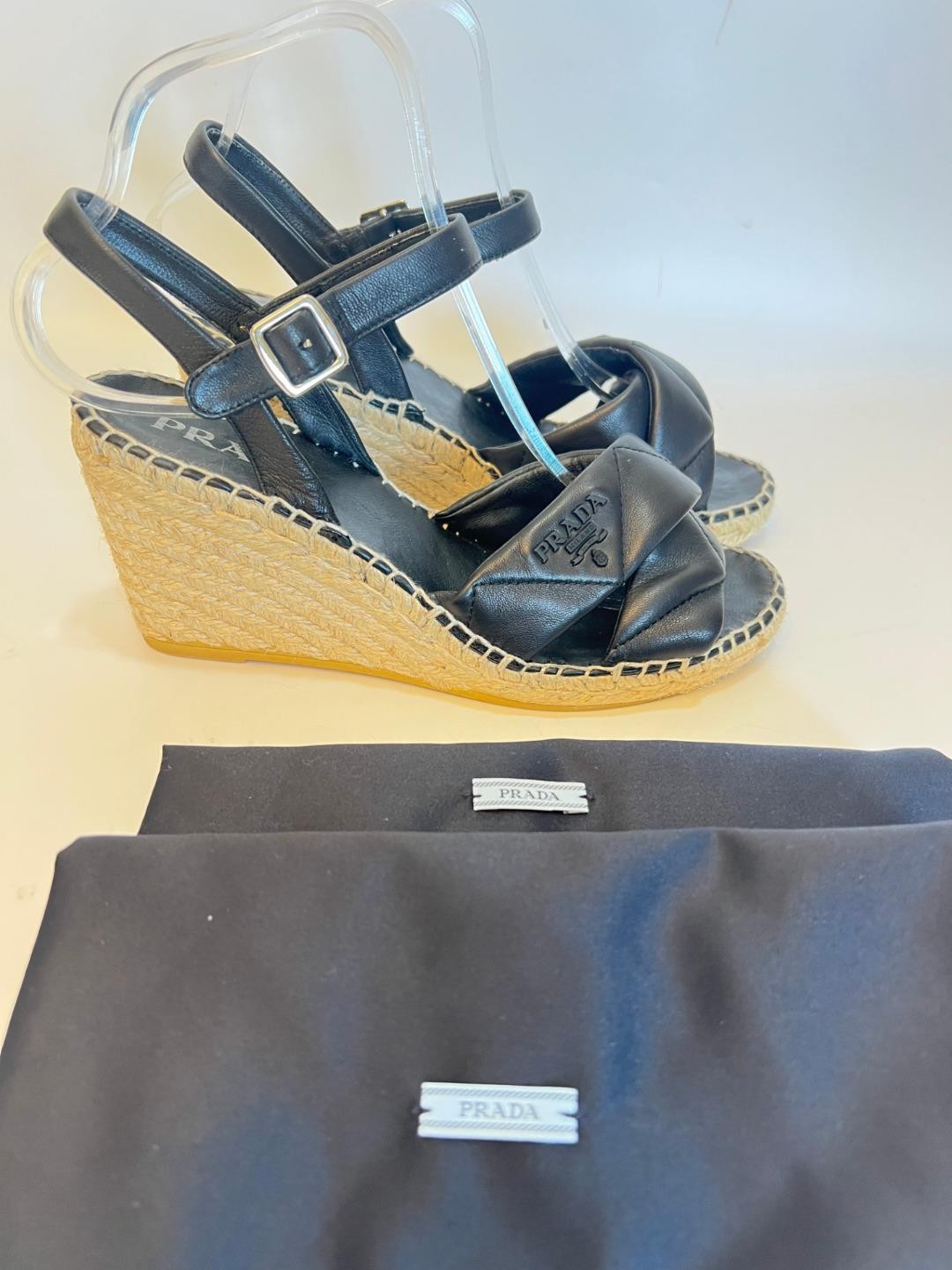 PRADA sandals wedge espadrille wedge heels black leather 38 uk5 ref kb