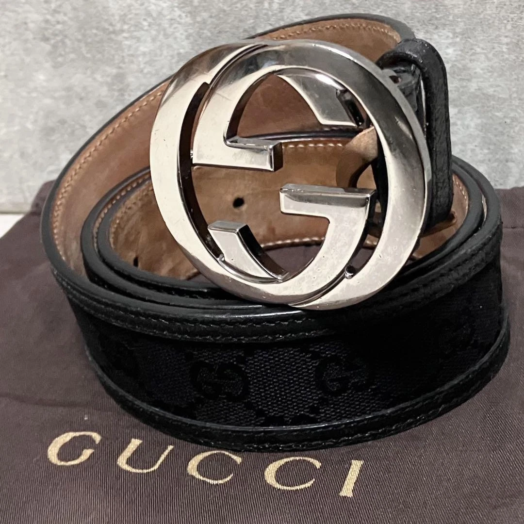Ceinture GUCCI imbriquée Gg toile cuir noir