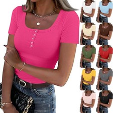 Women's Summer Short Sleeve Shirts Ribbed Knit Square Neck Tshirt Basic Slim Tee