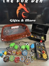 Large Beyblade Lot With Stadium Rink Arena, Launchers, And Travel Box.