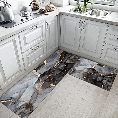Luxury Black Gold and Gray Marble Kitchen Rugs 17.3"×29"+17.3"x47" Black Marble
