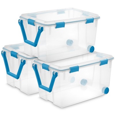 Sterilite 120 Qt Wheeled Gasket Box Stackable Storage Bin with Latch Lid, 3 Pack