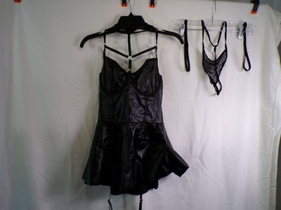 Foxiny Black Faux Leather Chemise L Built-In Cups Garter Straps Thong