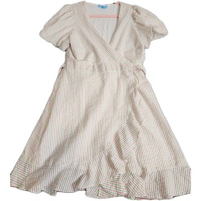DRAPER JAMES RSVP Puff Sleeve Wrap Dress Ruffled Seersucker Striped Size L NWOT 