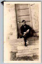 Vtg B&W Snapshot Smiling Man On Stone Steps 1940s