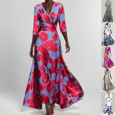 Women's V-Neck Printed Dress Slim Fit Waist Casual Elegant Half Sleeve S-3XL