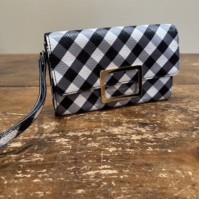 Talbots Leather Black and White Gingham Wristlet Clutch Large Wallet Bag