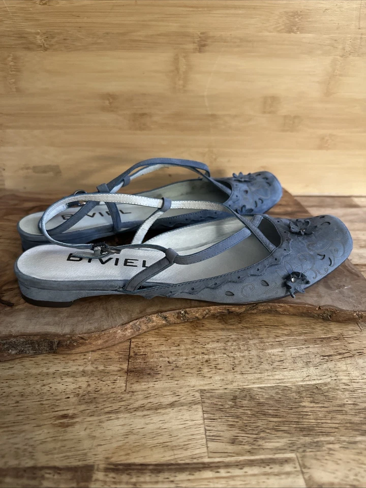 Sandalias planas BIVIEL de gamuza azul floral con correa al tobillo cruzada US7.5 EU38 punta de ballet Foto 3 de 4
