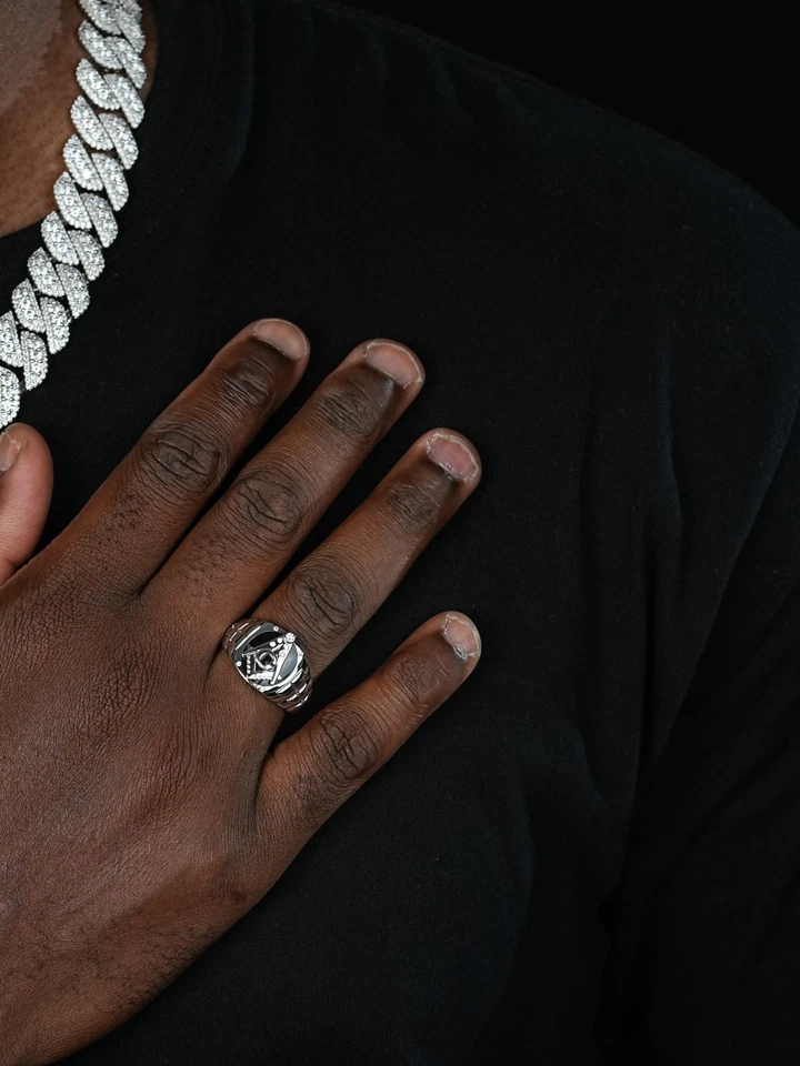 Anillo de plata esterlina 925 sólido real para hombre letra masónica G ónix negro Foto 2 de 4