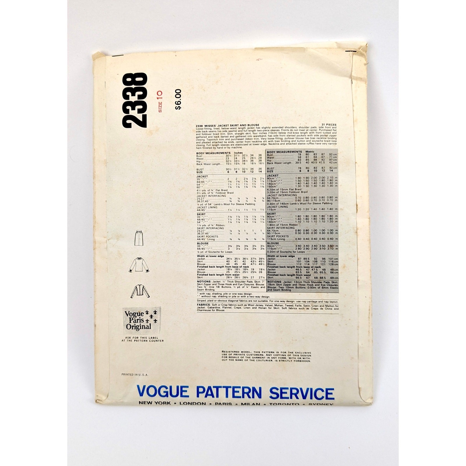 SAINT LAURENT Giacca donna anni 80 YSL gonna blusa arricciata modello cucito taglia UC 10 Vogue 2338