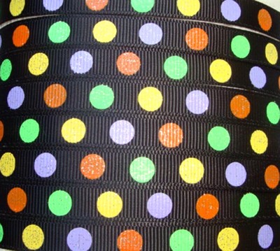 LAST 1 - 28 YARD ROLL 3/8 HALLOWEEN TWINKLE GLITTER JUMBO DOTS GROSGRAIN RIBBON