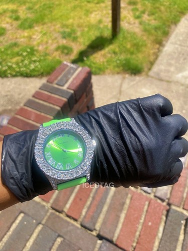 OROLOGIO UNISEX GHIACCIO BLING-ED OUT VERDE NEON CINTURINO IN SILICONE QUARZO PLACCATO ORO - Foto 7 di 9
