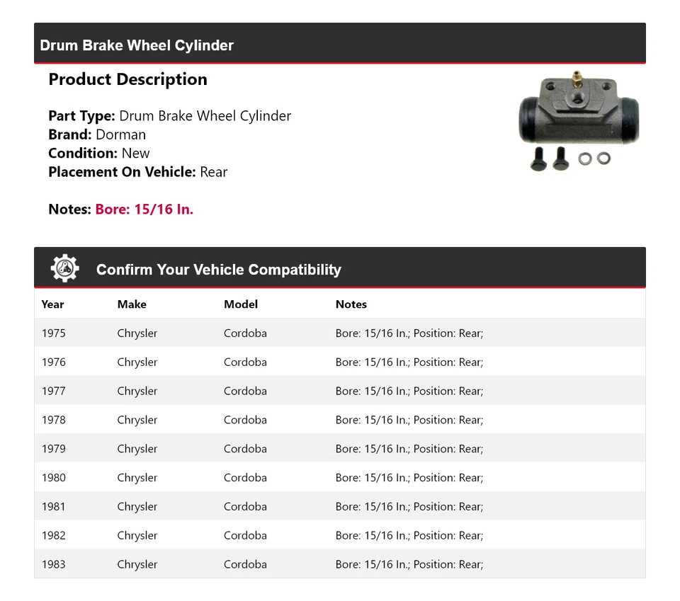 Cilindro de rueda de freno de tambor trasero 1976 1977 Chrysler Cordoba Dorman 1975-1983 Foto 2 de 4