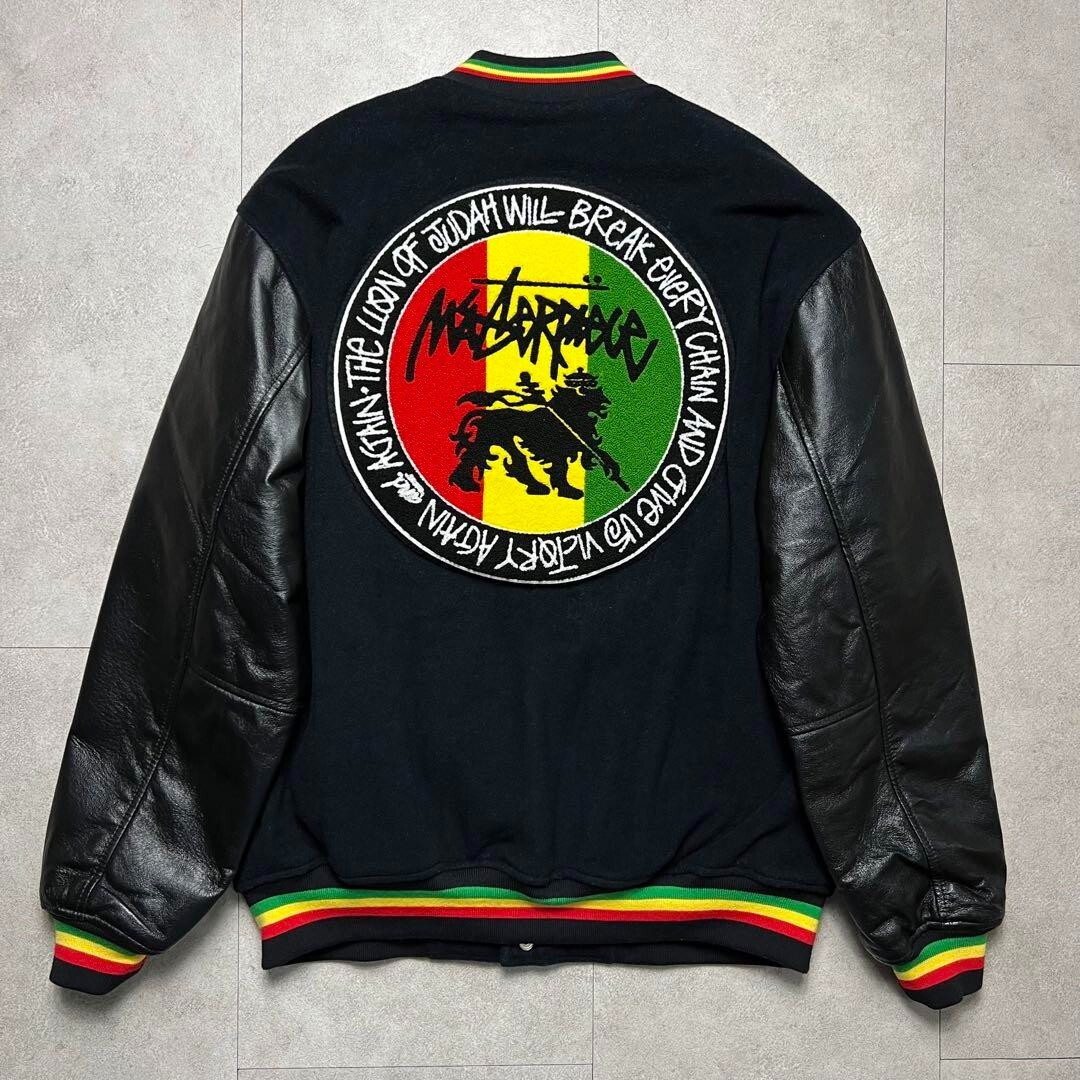 STUSSY MASTERPIECE LEATHER SLEEVE VARSITY JACKET VTG 2004 STUSSY MASTERPIECE LEATHER SLEEVE VARSITY JACKET VTG 2004