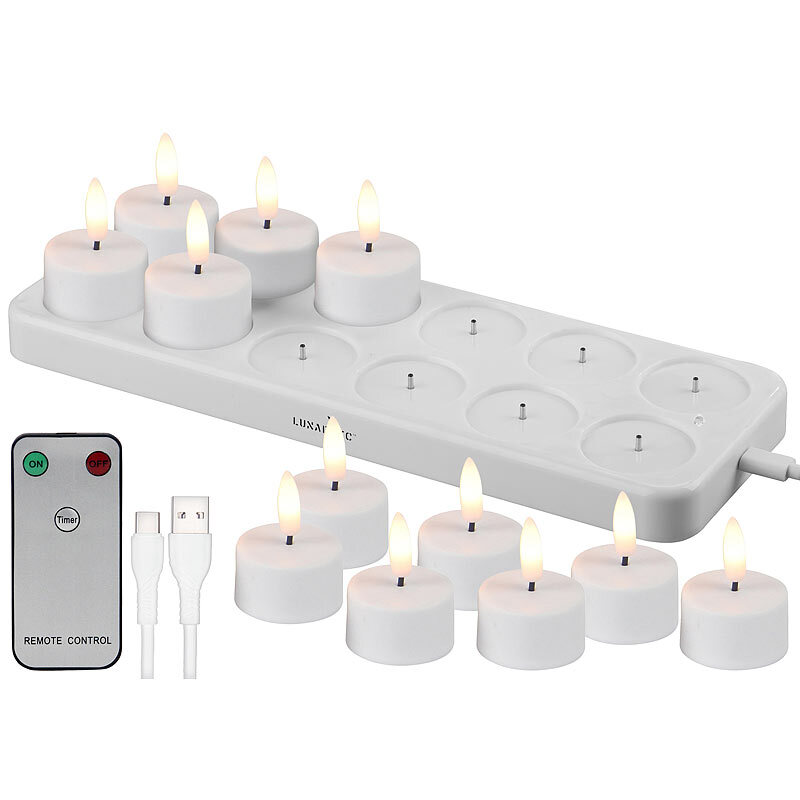 Lunartec 12er-Set LED-Akku-Teelichter mit USB-Ladestation, Fernbedienung, Timer