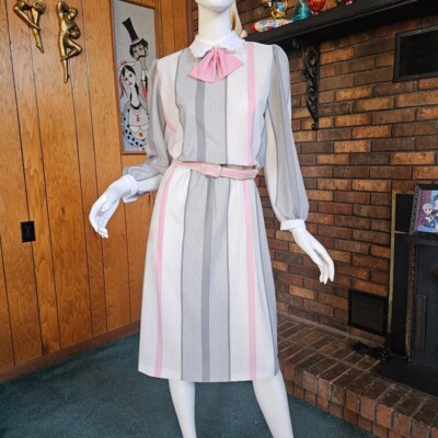 Vintage 80s Vertical Stripe Sassy Secretary Puff Shoulder Ascot Belted  Dress S/M