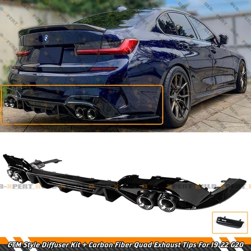 FOR 19-22 BMW G20 M SPORT M340i CTM DIFFUSER KIT + CARBON FIBER QUAD EXHAUST TIP